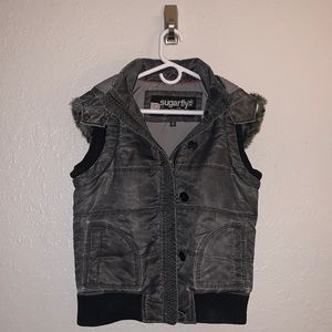 Sugarfly Distressed Black Fur Hood Vest